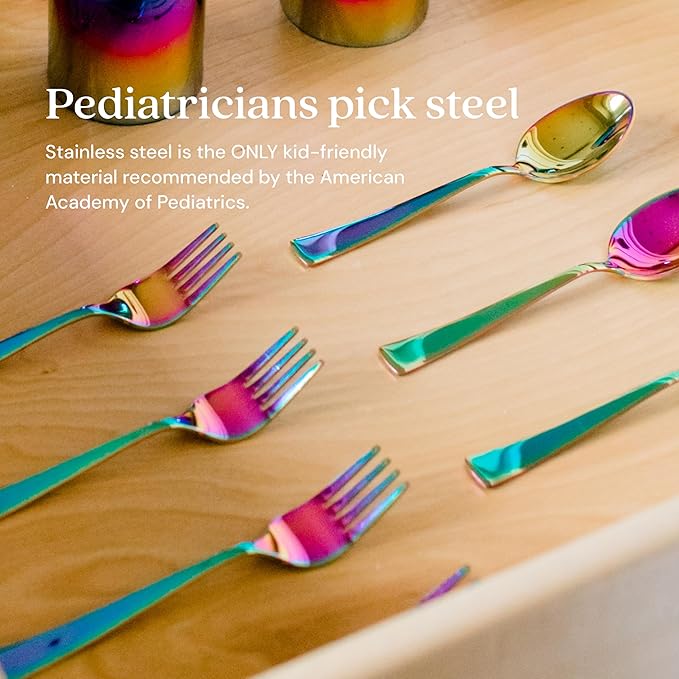 Ahimsa Kids Stainless Steel Utensils, 8 Piece Kid Forks and Spoons Set, Pediatrician Designed Rainbow Silverware, 100% BPA Free & Dishwasher Safe (Rainbow)