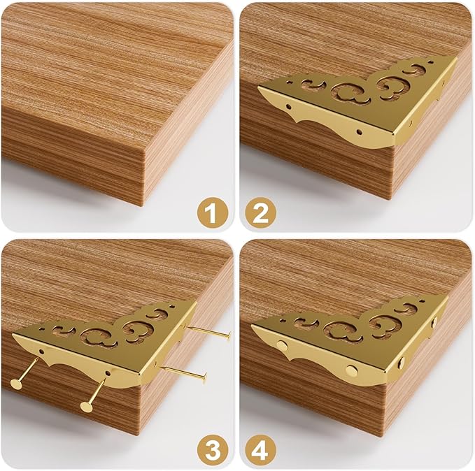 4 Pcs Brass Corner Protectors for Furniture,Retro Style Guard Cabinet Furniture Corner Bumpers for Jewelry Box Gift Box Wooden Case Cabinet Furniture Decorative (Gold)