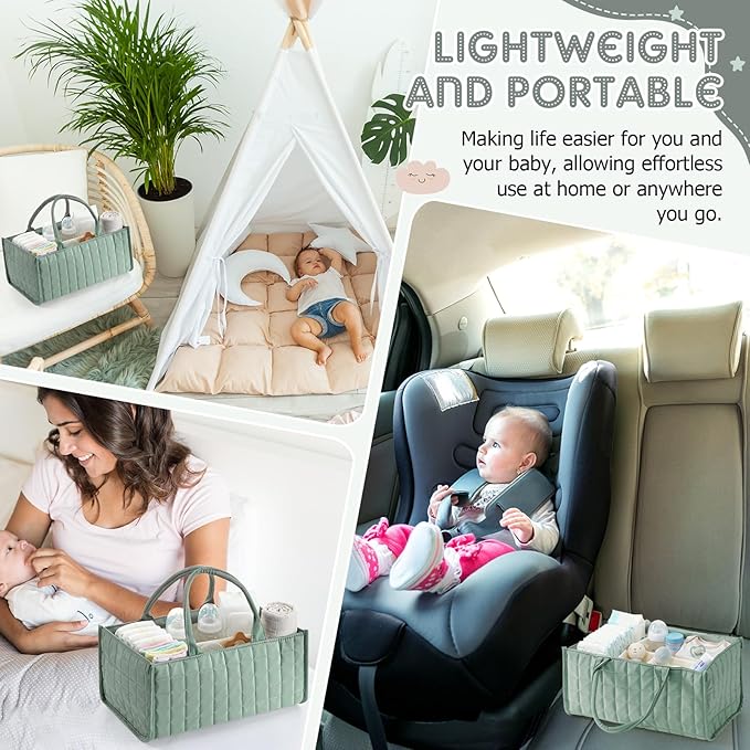 Huhumy Checkered Baby Diaper Caddy, Puffy Nursery Storage Organizer for Diapers & Babies Wipes, Large Quilted Tote Bag for Newborn Essentials Boy or Girl, Gift for Baby Shower Registry (Sage Green)