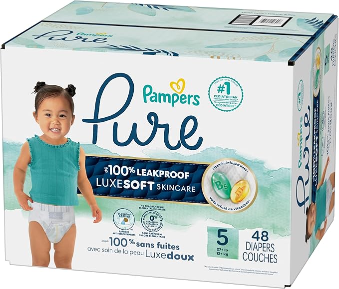 Pampers Pure Baby Diapers, Size 5 (27+ lbs), 48, Up to 100% Leakproof, Premium Hypoallergenic Soft Diapers