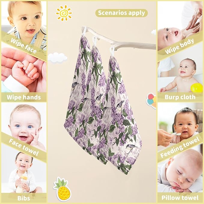 vvfelixl Bloom Lilac Magno Baby Burp Cloths Baby Muslin Washcloths for Boys Girls Cotton Babys Face Towel for Newborn Infants Soft and Absorbent 11.8 X 11.8 in, 5 Pack