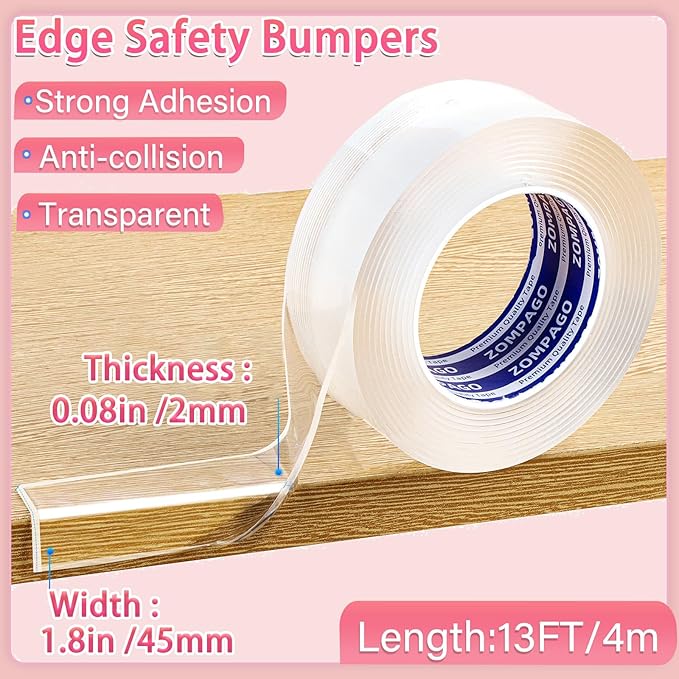 ZOMPAGO Clear Soft Corner Protectors for Baby Safety Furniture Strip 1.8in(W) x13FT(L), Sharp Edge Table Corner Bumpers, Wall Corner Guards, Baby Proof Corner Protectors for Cabinet & Window Edge