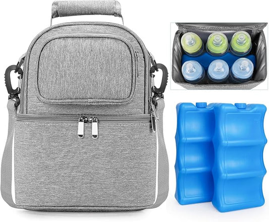 Sanchamy Breastmilk Cooler Bag with Ice Pack, Double Deck Breast Milk Storage for Breastfeeding, Nursing, Daycare, Insulated Lunch Bag with Strap