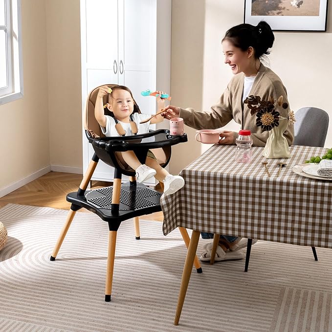 GLACER High Chair, 6-in-1 Convertible Wooden High Chairs for Babies and Toddlers w/Building Block Table, 5-Point Safety Harness, Removable Tray, PU Cushioned Baby High Chair for 6-36 Months (Coffee)