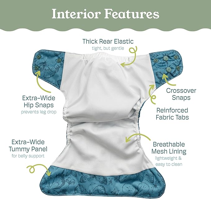 Kinder Cloth Diapers Reusable Baby Diapers Pocket Style Athletic Wicking Jersey, Bamboo Viscose Inserts, Wet Bag, Newborn to Potty Training 7-60lbs, One Size (Tranquil Garden, 5 Pack, with Inserts)