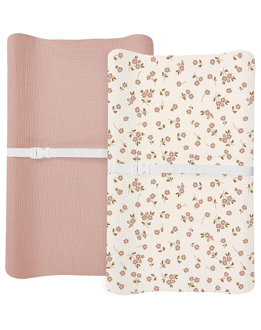 Changing Pad Cover for Baby Boy Girl 2 Pack, Muslin Changing Table Pad Covers with Boho Style, Neutral Nursery Bedding Essentials Soft and Breathable (Floral & Pink)