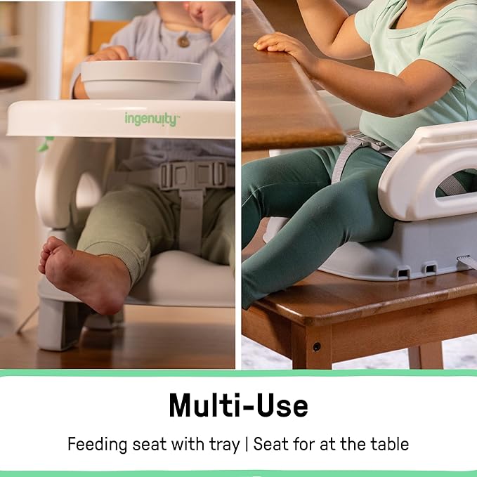Ingenuity Deluxe Comfort Booster Seat for Kitchen Chair, Compact Fold, Portable, Lightweight, Toddler Booster Seat for Dining Table, from 6 Months to 3 Years – Grey