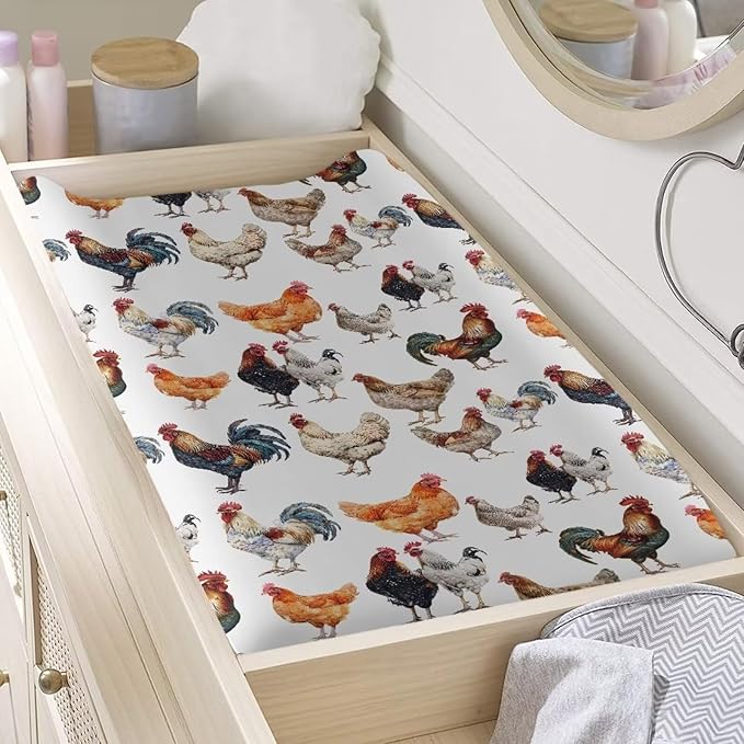 Changing Pad Covers for Boys Girls, Chickens Print Diaper Changing Table Pad Cover Soft Breathable Changing Mat Cover for 32''x16" Cute Birthday Gifts for Baby