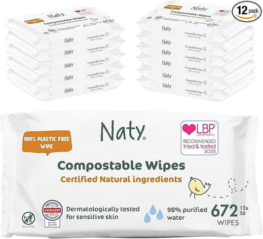 Naty Baby Wipes | 98% Water, Hypoallergenic & Natural for Sensitive Skin | Unscented, Plant-Based, Fragrance-Free | Plastic-Free & Compostable | Newborn & Toddler Diaper Wipes | 672 Count (12 Packs)