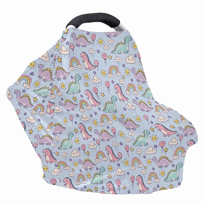 LedBack Cute Car Seat Cover for Babies Baby Stuff Nursing Breastfeeding Cover, Soft Breathable Baby Carseat Canopy, Rainbow Dinosaurs Pattern