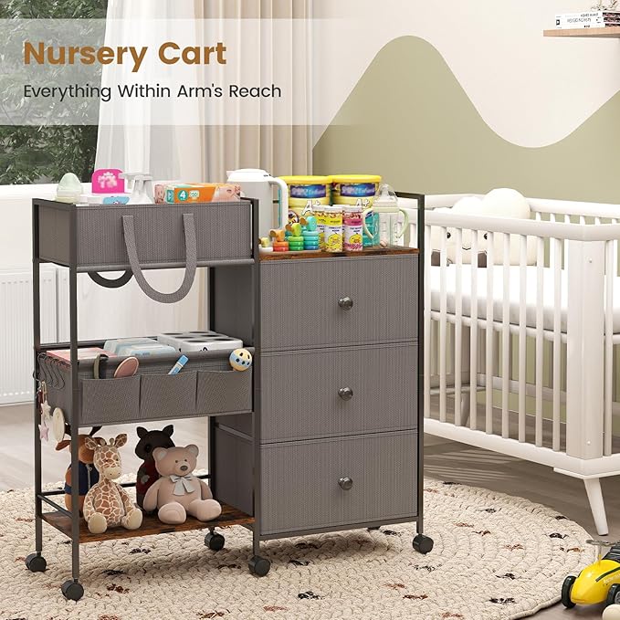 3-Tier Baby Diaper Caddy Organizer and Storage Cart, Baby Essentials with 2+2 Dividers and 3 Drawers, Large Capacity Rolling Cart for Nursery Storage, Diaper Caddy Cart for Crib, Bedroom, Bathroom