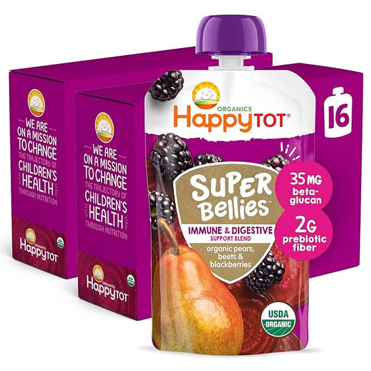 HAPPYTOT Organics Stage 4 Baby Food Pouches, Gluten Free, Vegan Snack, Super Bellies, Fruit & Veggie Puree, Pears, Beets & Blackberries 4 Ounce (Pack of 16)