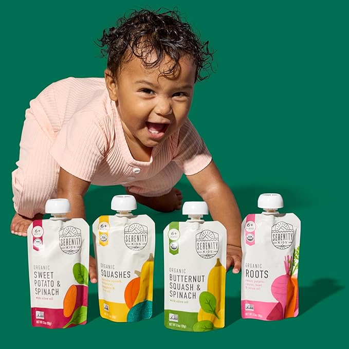 Serenity Kids 6+ Months Pureed Veggie Baby Food Pouches - USDA Organic Baby Food Stage 1 Puree - Organic Allergen-Free Toddler Snacks - On-the-Go Toddler Pouches - 3.5 Oz, Pack of 8
