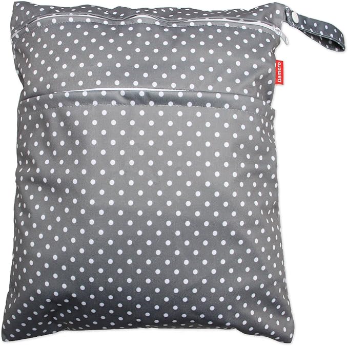 Damero 2pcs Wet and Dry Bag, Travel Wet Dry Bag with Handle for Cloth Diaper, Pumping Parts, Clothes, Swimsuit and More, Gray Dots
