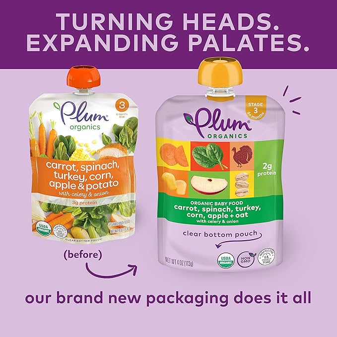 Plum Organics Stage 3 Organic Baby Food - Carrot, Spinach, Turkey, Corn, Apple, and Oat - 4 oz Pouch (Pack of 6) - Organic Baby Food Pouch