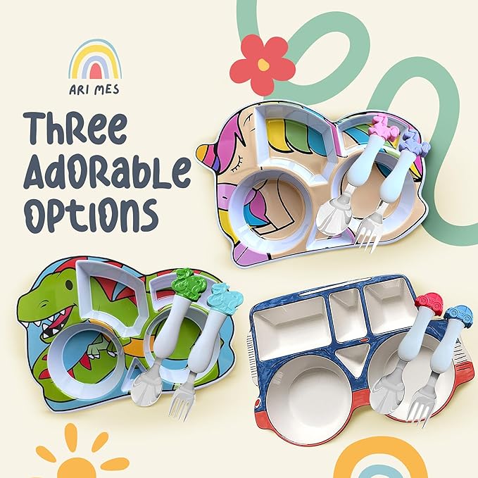 ARI MES - Unicorn Shaped Plate and Utensil Set - Fun, BPA-Free, Shatter- Resistant, Lightweight, Picky Eaters Kids Dinnerware Set, Children's Utensils, Toddler Forks and Spoons