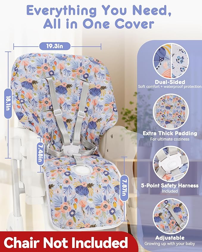 Baby High Chair Cover Replacement, Reversible & Waterproof High Chair Cushion Pad Home & Restaurant use, Includes 5-Point Harness Strap, Chair Not Included - Blue