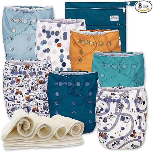 Nora's Nursery Cloth Diapers 7 Pack with 7 Inserts & 1 Wet Bag - Waterproof Cover, Washable, Reusable & One Size Adjustable Pocket Diapers for Newborns and Toddlers - Mighty Trucks