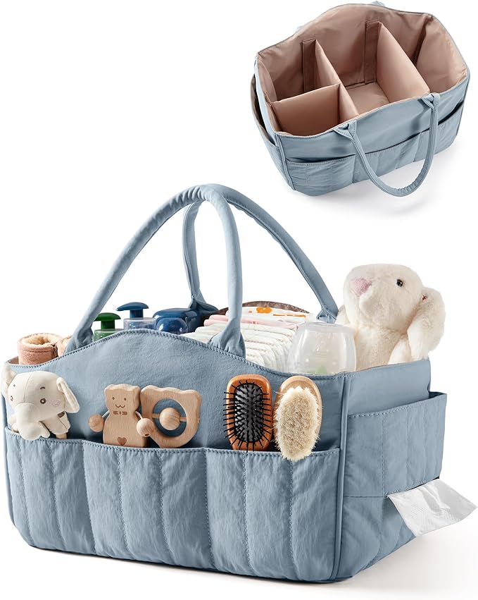 Marscamd Quilted Baby Diaper Caddy with Detachable Dividers and Wipes Pocket, Lightweight Baby Caddy Organizer with Handles and 8 Pockets for Baby Stuff, Dusty Blue