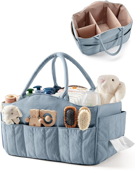 Marscamd Quilted Baby Diaper Caddy with Detachable Dividers and Wipes Pocket, Lightweight Baby Caddy Organizer with Handles and 8 Pockets for Baby Stuff, Dusty Blue