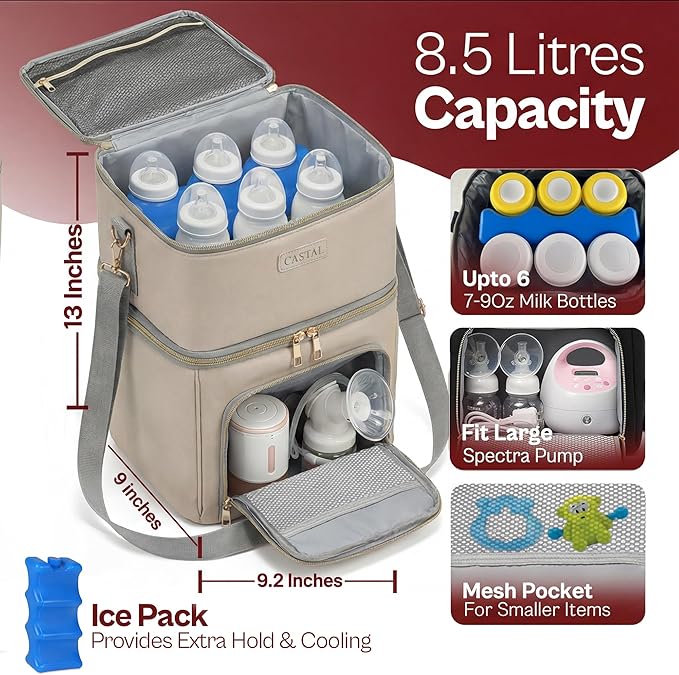 Castal Breast Pump Bag Spectra S1 S2–Insulated Spectra Pump Bag, Breastmilk Cooler Bag with Ice Pack–Leak-Proof Double Layer Breast Pump Travel Bag (Black)