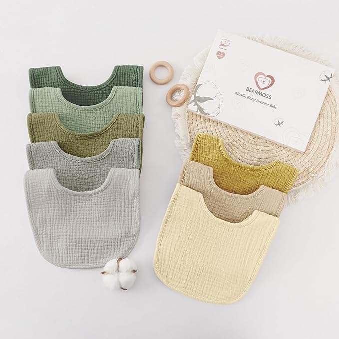 Bearmoss Baby Bibs for Drooling and teething 100% Cotton Muslin Bibs for Baby Boy & Girl,Adjustable, Ultra Absorbent,8 Pack