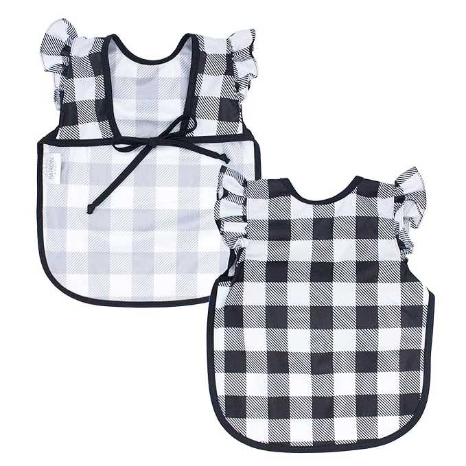 BapronBaby Flutter White Buffalo Plaid Bapron - No Neck Tie Safer Bib for Baby & Toddler - Soft Waterproof Stain Resistant - Machine Washable - Sz Preschool 3-5yrs