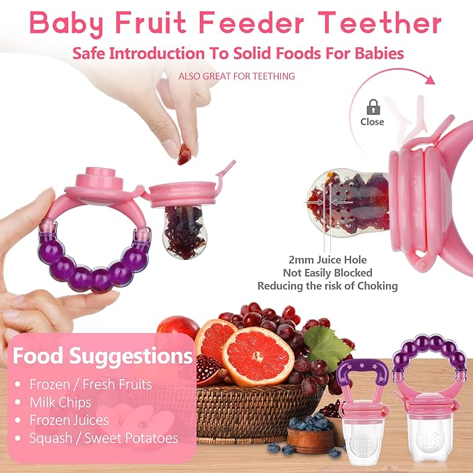 Baby Fruit Feeder Pacifier - 12 Pack | 2 Infant Food Feeder Pacifier & 1 Baby Food Dispensing Spoon | Fresh Fruit Teethers for Babies | Silicone Feeder Babies,Infant Teething Feeders (Pink)