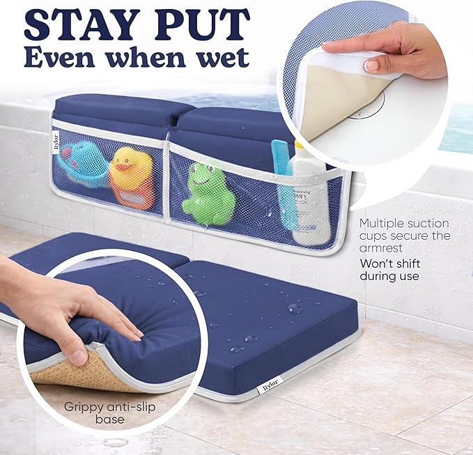 Rylor Premium Baby Bath Kneeler Mat & Elbow Rest Pad Set – Comfortable Bath Kneeler and Elbow Kneeling Rest Pad for Parents, Extra Long 26'', 2.4'' Thick, Non-Slip Support for Easy Bath Time (Blue)