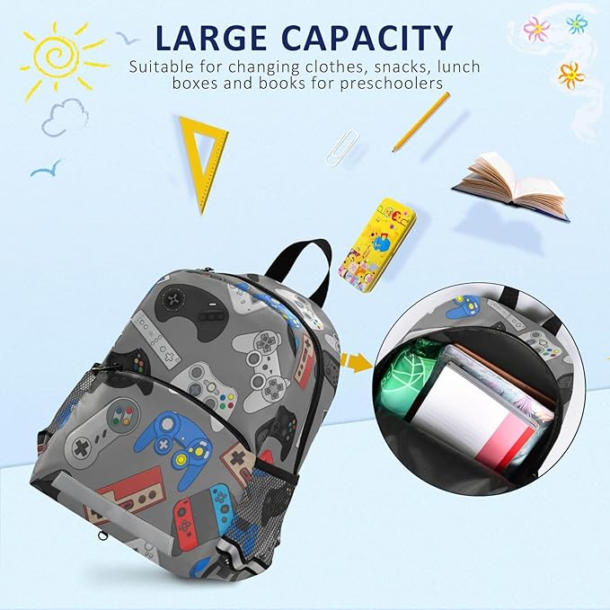Gamepad Weapon Preschool Backpacks，Kid's Casual Travel Bookbag with Leash，Cute Toddler Backpacks for Boys and Girls