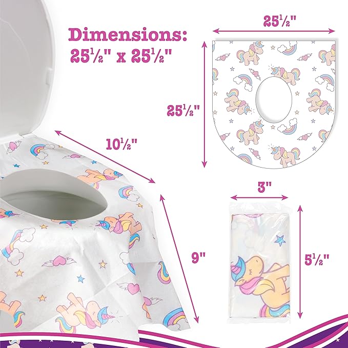 Potty Shields Toilet Seat Covers Disposable (40 pk, Unicorns) - XL Waterproof Toilet Cover for Toddlers, Kids & Adults - Portable & Individually Wrapped for Travel, Potty Training, Public Restrooms