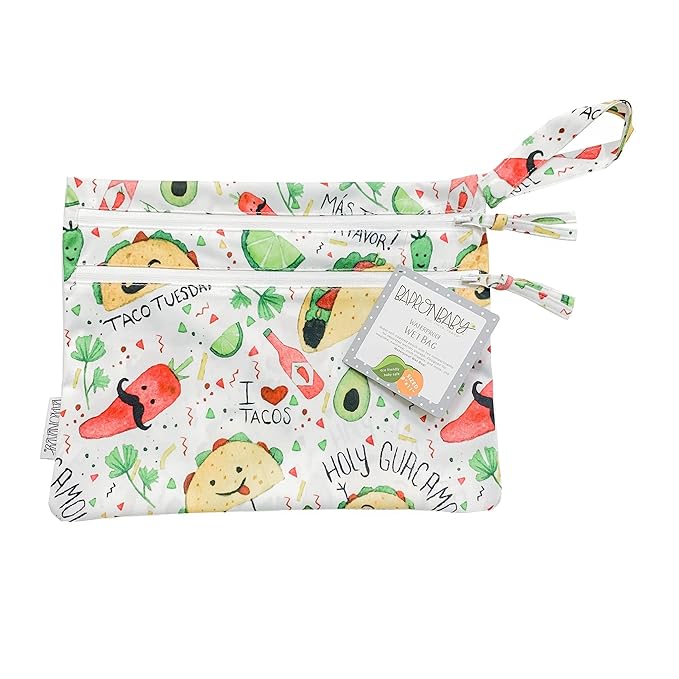 BapronBaby Taco Party Wet Dry Bag - Waterproof Two Zipper Pockets - Reusable for Mealtime, Diapers, Stroller, Snacks, Swimsuits - Machine Washable - 11" x 9"