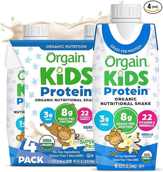 Orgain Organic Kids Protein Nutritional Shake, Vanilla - 8g of Protein, 22 Vitamins & Minerals, Fruits & Vegetables, Gluten Free, Soy Free, Non-GMO, 8.25 Fl Oz (Pack of 4)
