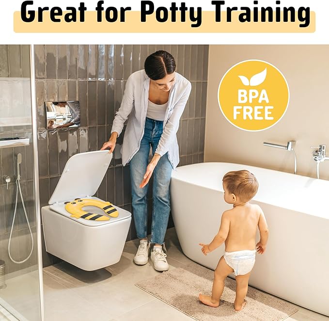 Maliton Travel Potty Training Seat for Toddler, Portable Foldable Potty Seat Cover Fits Round & Oval Toilets, Non-Slip Toilet Seat with Free Travel Bag(Yellow Bee)