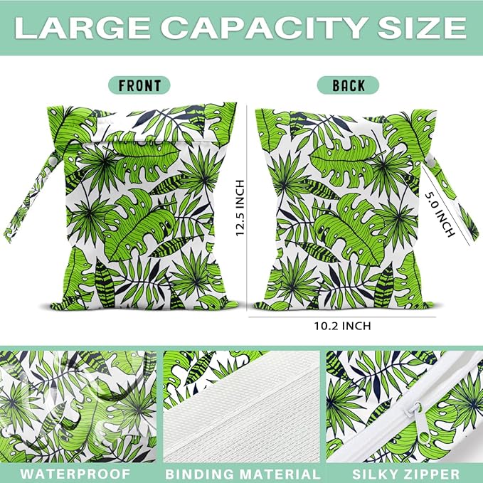 Wet Dry Bag for Swimsuit and Towels for Swimsuit Travel Beach Pool Diapers Dirty Yoga Gym Clothes Hook to Stroller Makeup Bag Waterproof Tropical Palm Leaves Decor