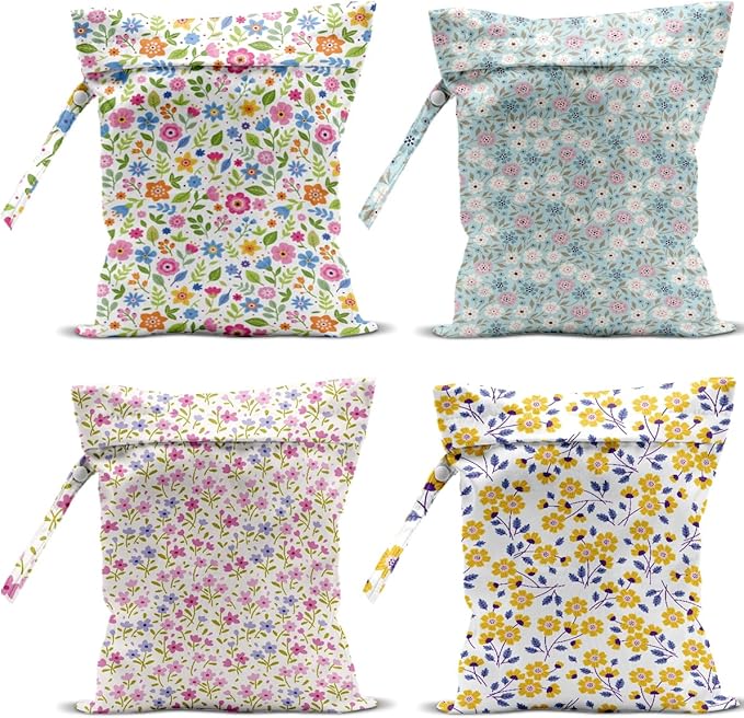 4 Pack Cute Wet Bag Waterproof Washable Reusable Wet Dry Bag for Swimsuit Dirty Clothes Diaper Travel Beach Pool Gym Party Birthday Camping Toiletries Beach Essentials，Colorful Floral Wildflower
