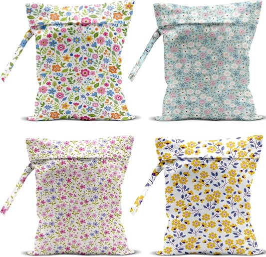 4 Pack Cute Wet Bag Waterproof Washable Reusable Wet Dry Bag for Swimsuit Dirty Clothes Diaper Travel Beach Pool Gym Party Birthday Camping Toiletries Beach Essentials，Colorful Floral Wildflower