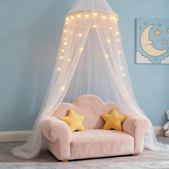 Princess White Bed Canopy with Lights for Girls Bed Net,Princess Canopy for Kids Bed Room Decor (White+Lights)