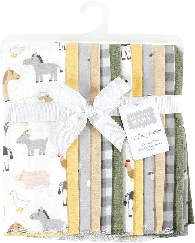 Hudson Baby Unisex Baby Cotton Flannel Burp Cloths Bundle, Cute Farm, One Size