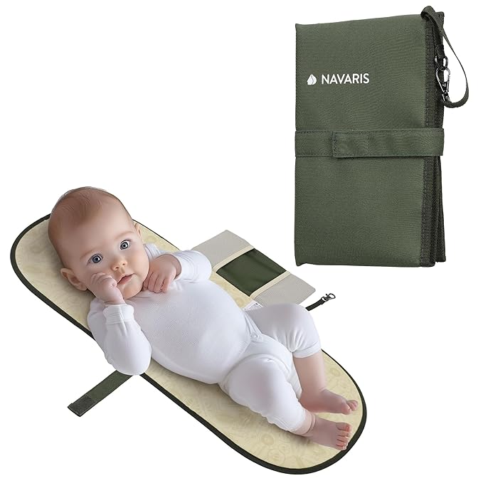 Navaris Baby Changing Mat Portable - Slim Lightweight & Foldable Baby Change Mat - Water Repellent Travel Changing Mat with Pockets - Folding Mat for Clean Diaper Changes - Olive