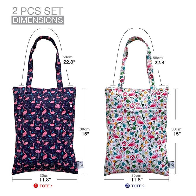FLOCK THREE 2pcs Wet Dry Bag Waterproof Tote Reusable Wet Clothes Baby Diapers Stroller Swimsuit Travel Small Larger Electronics Toiletries Pouch Flamingo