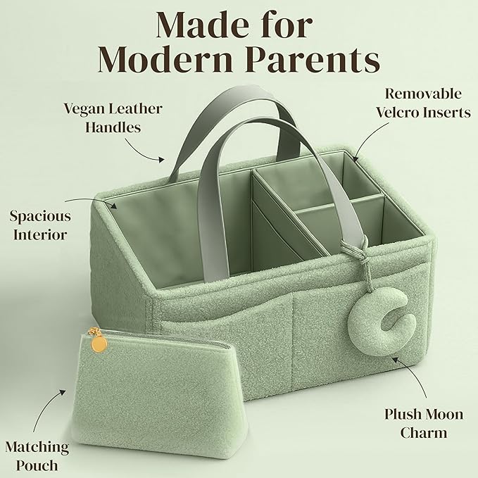 Orelle Bouclé Diaper Caddy Organizer with Matching Pouch & Moon Pendant | Teddy Portable Changing Table Organizer | Sage Green Diaper Caddy | Must-Have Baby Shower Gifts | Sage Green