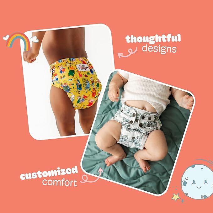 Kinder Cloth Diapers Reusable Baby Diapers Pocket Style Athletic Wicking Jersey, Bamboo Viscose Inserts, Wet Bag, Newborn to Potty Training 7-60lbs, One Size (Serene Sunrise, 10 Pack, with Inserts)