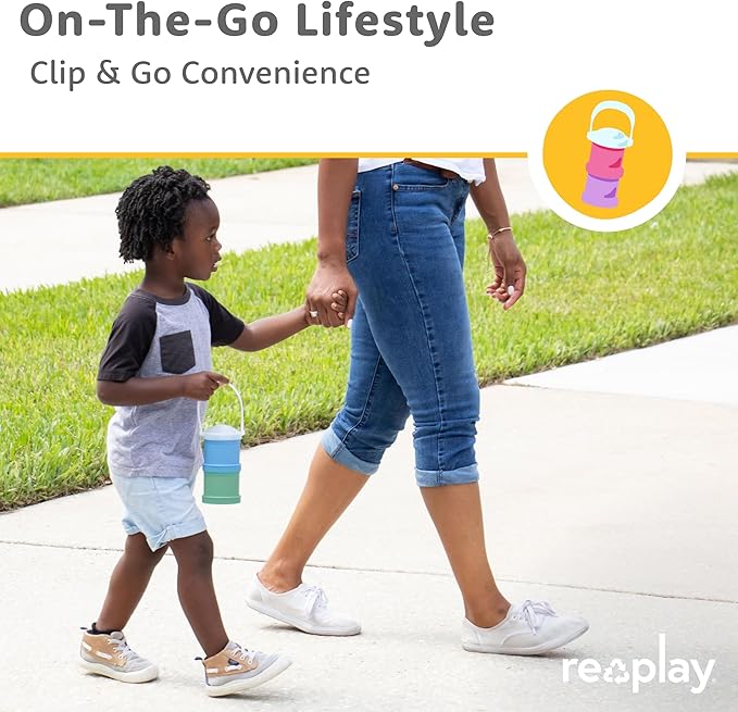 Re-Play Snack Stack Toddler Containers, 2 Sets - Stackable Cups with Travel Lid & Strap for On-the-Go, BPA-Free, Made in USA, Bright Pink/Purple