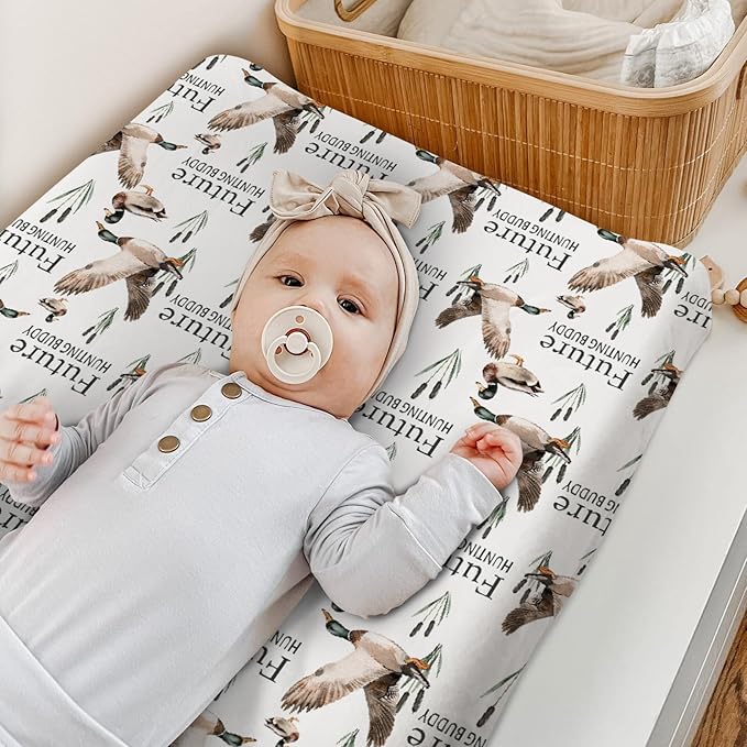 HawSkgFub Future Duck Hunting Buddy Changing Pad Cover for Baby Boy, Wild Mallard Hunter Diaper Change Table Covers, Soft Stretchy Breathable Safe Snug Fitted Changing Mat Sheets Fit 32"/34" x 16"
