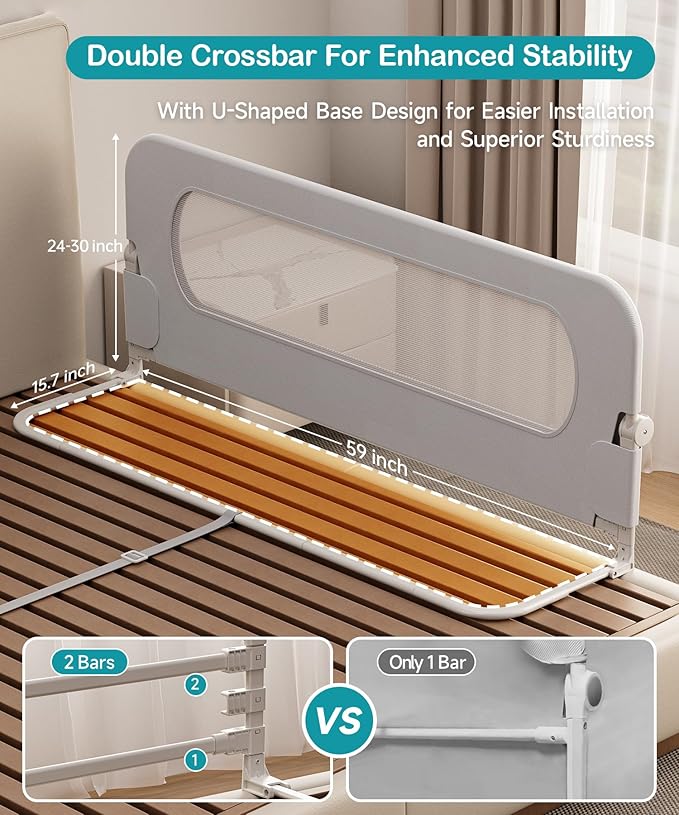 Bed Rail for Toddlers, Baby Bed Rail Guard with U-Shape Base, Height Adjustable & Foldable Toddler Bed Rails for Full Size, Queen, King, Twin (Grey, 33in)