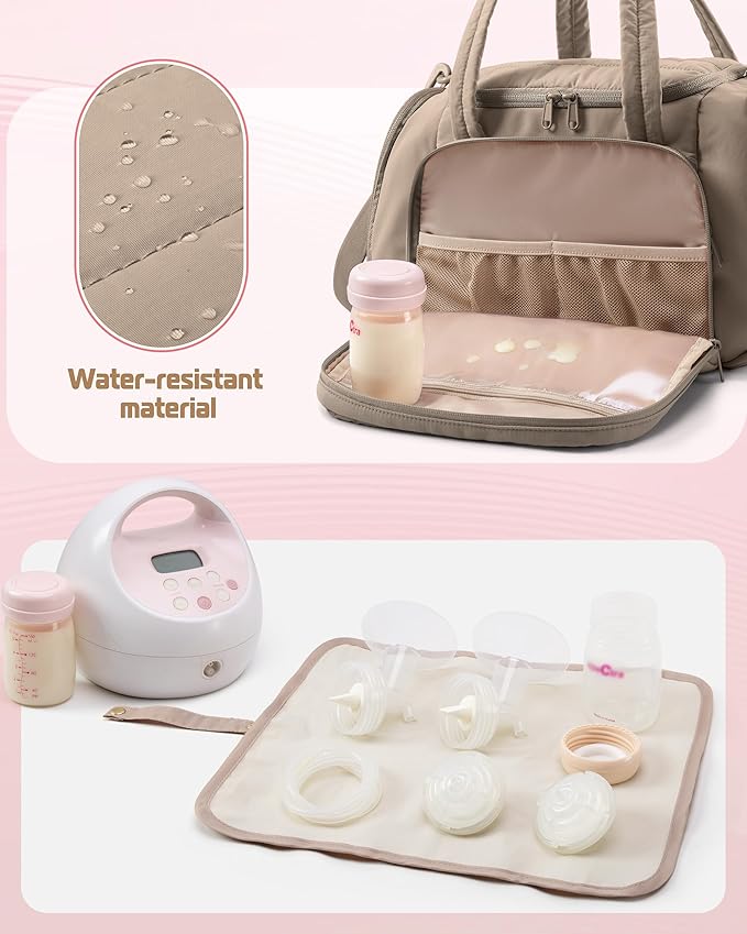 Marscamd Quilted Breast Pump Bag Compatible with Spectra S1 and S2, Pumping Bag with Cooler Compartment and a Drying Mat, Camel