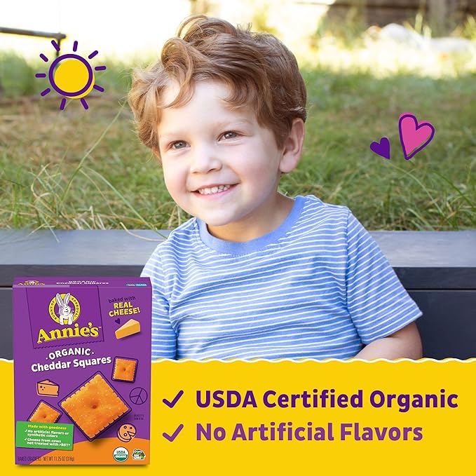 Annie's Organic Original Cheddar Squares Baked Snack Crackers, Made with Real Cheese, 11.25 oz (Pack of 4)