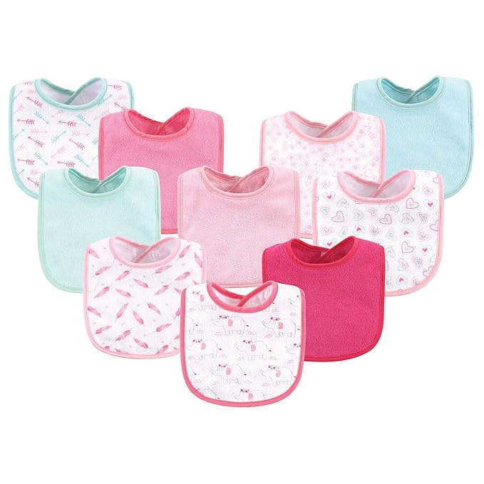 Luvable Friends Unisex Baby Cotton Terry Bibs, Girl Elephant Damask, One Size
