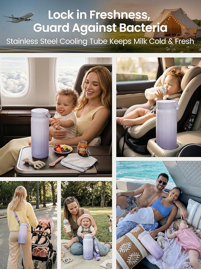 Grownsy 22oz Portable Breast Milk Cooler, 360° Stainless Steel Chiller Keeps Breastmilk Fresh for 24H, No Ice Crystals,Milk Cooler with 2 Baby Bottles for Work & Travel, Baby Breastfeeding Essential